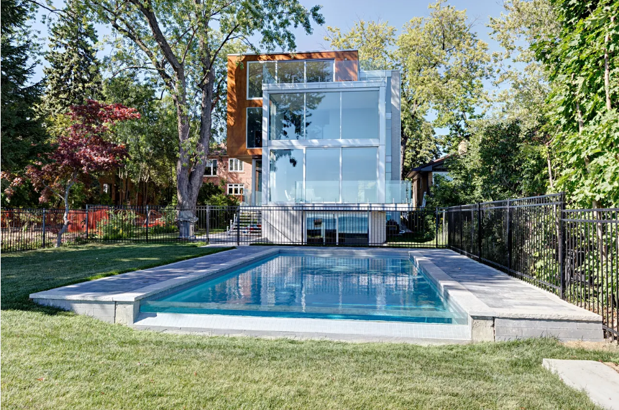 Modern home with pool and glass facade